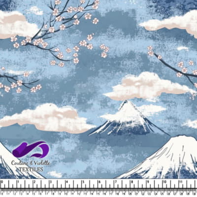Snowy Mountains with Cherry Blossoms and Blue Sky Pattern