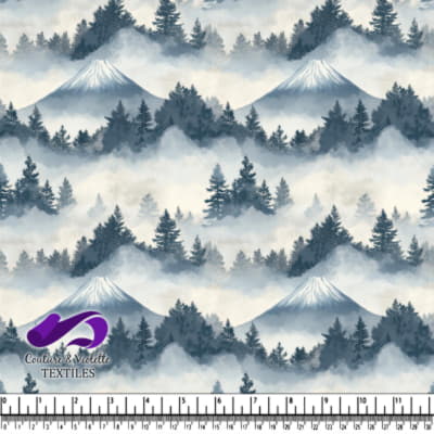 Misty Mountain Landscape with Snowy Peak and Pine Trees