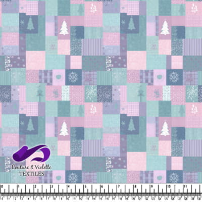 Imprimé patchwork hivernal pastel avec arbres et flocons de neige