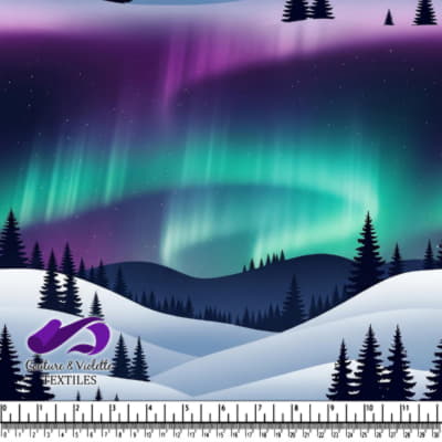 Aurores Boréales sur Paysage de Pins Enneigés