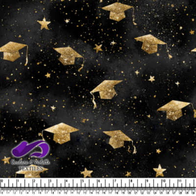 Golden Graduation Caps and Stars on Black Background Fabric Pattern