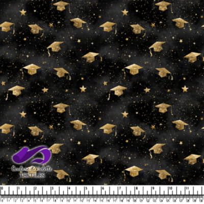 Golden Graduation Caps and Stars on Black Background Fabric Pattern