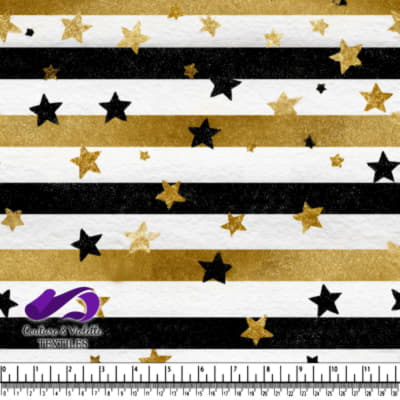 Gold and Black Stars on Striped Pattern Fabric Design