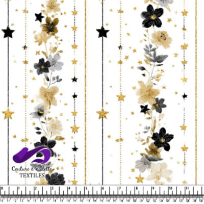 Motif Floral et Étoilé Noir et Or sur Tissu Blanc