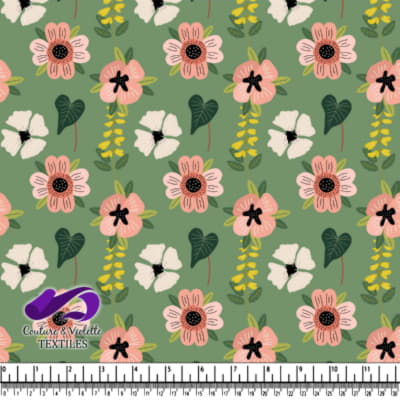 Green Floral Pattern with Pink White and Yellow Flowers