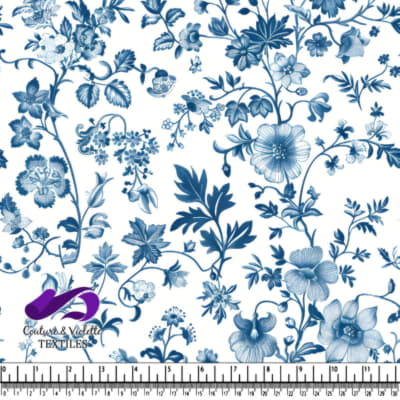 Blue and white floral textile pattern with delicate vines