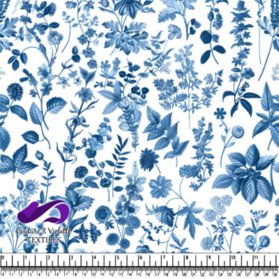 Motif botanique floral bleu sur fond blanc