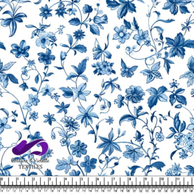 Blue and white floral textile pattern with butterflies