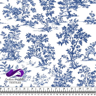 Classic Blue Toile Tree Pattern on White Background