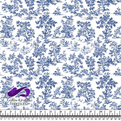 Classic Blue Toile Tree Pattern on White Background