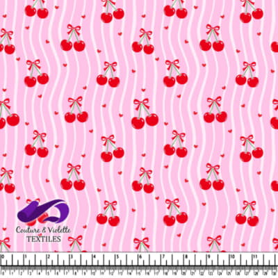 Cherries with Red Bows on Pink Wavy Striped Background Pattern