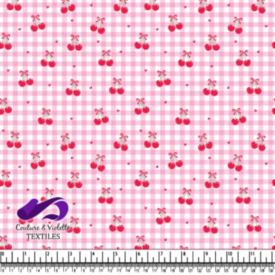 Pink Gingham Pattern with Red Cherry Clusters and Hearts