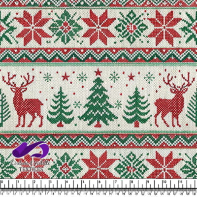 Motif de tissu sur le thème de Noël avec des rennes et des arbres