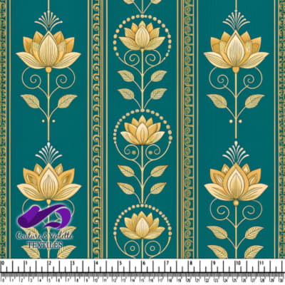 Golden Lotus Floral Pattern on Teal