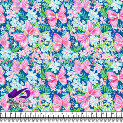 Nœuds Roses et Motif Floral sur Fond Bleu