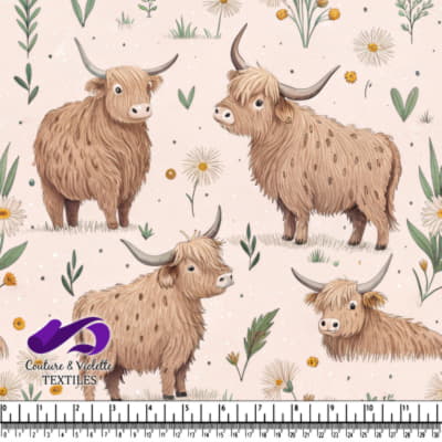 Highland Cattle with Floral Pattern