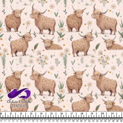 Highland Cattle with Floral Pattern