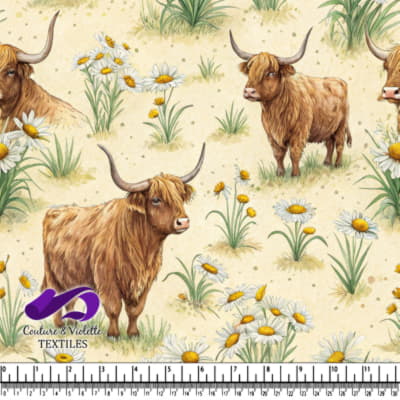 Motif de Vaches Highland et Marguerites