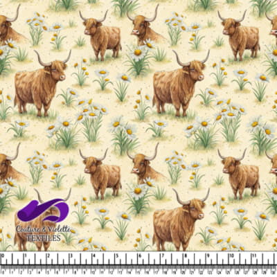 Motif de Vaches Highland et Marguerites