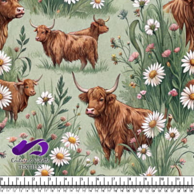Vaches des Highlands dans un Champ Fleuri