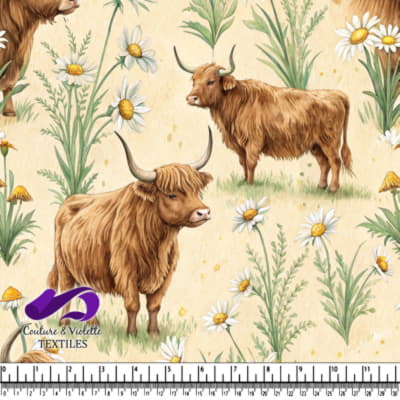 Motif de Vaches des Highlands et de Marguerites