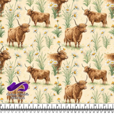 Motif de Vaches des Highlands et de Marguerites