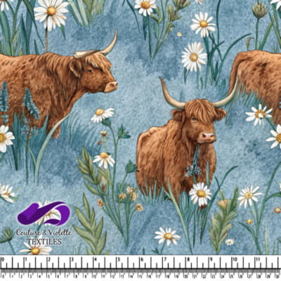 Bovins des Highlands dans un pré de fleurs sauvages
