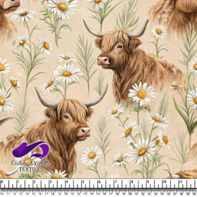 Motif de vaches des Highlands et de pâquerettes
