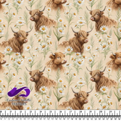 Motif de vaches des Highlands et de pâquerettes