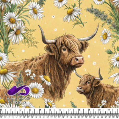 Motif de vaches des Highlands et de marguerites