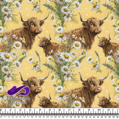 Motif de vaches des Highlands et de marguerites