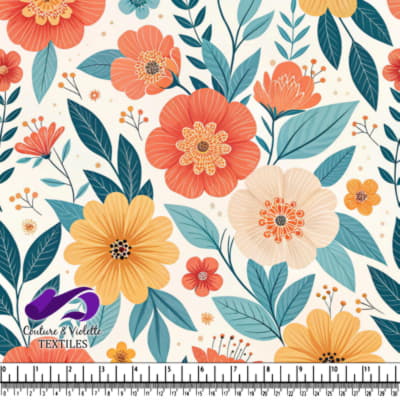 Bright Floral Pattern with Blue Leaves
